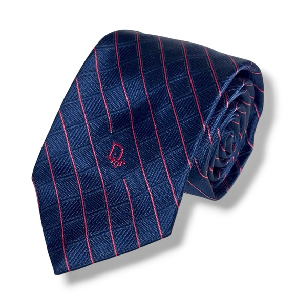CHRISTIAN DIORLogo Navy & Red Woven Diamond Pattern Tie VINTAGE